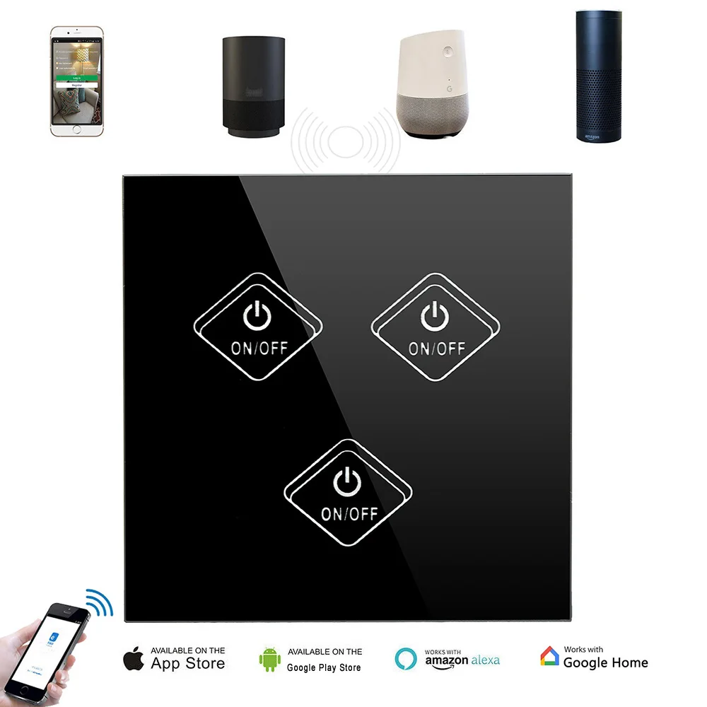 

3Gang UK WiFi Smart Touch AC90-250V Smart Switch Wireless Remote Light Relay App Control Tempered Glass Panel Wall Module