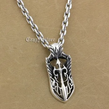 

925 Sterling Silver Wing Cross Shield Mens Biker Rocker Punk Pendan 9V102 Sterling Silver Necklace 24 inches