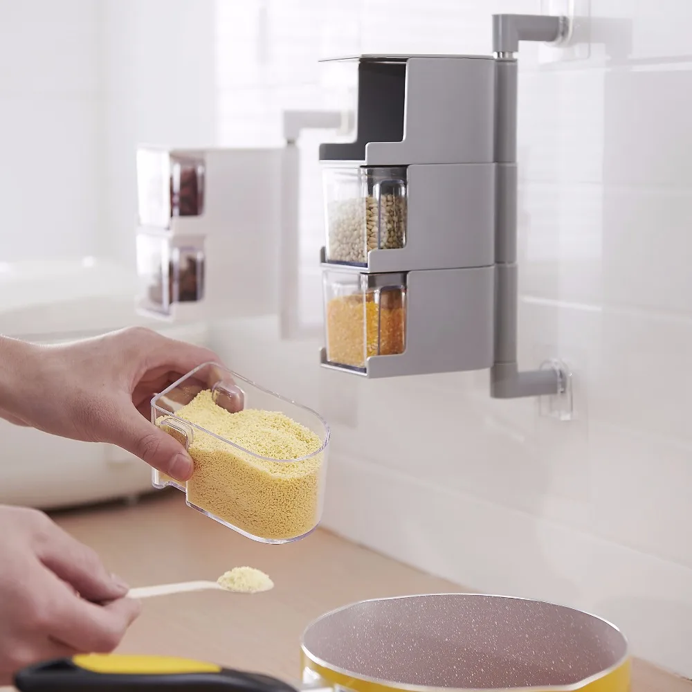 

Multilayer Paste-Style Wall-Mounted Rotating Seasoning Box Save Space Spice Jar Seasoning Can With Spoon Home Kitchen Storage