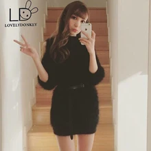 LOVELYDONKEY из натуральной норки кашемировый свитер женские кашемировые пуловеры трикотажные со свисающими плечами с коротким рукавом shippingM430