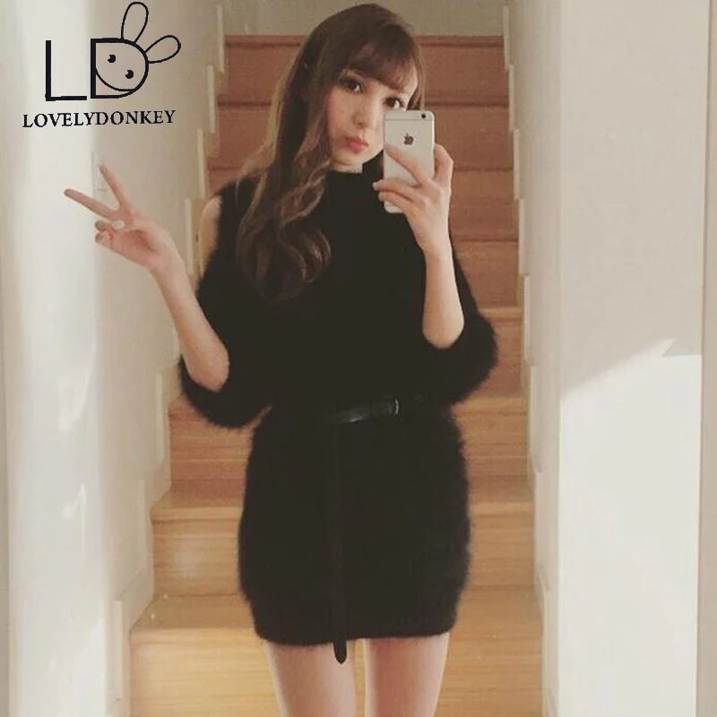 

LOVELYDONKEY genuine mink cashmere sweater women pullovers knitted Leakage shoulder half sleeve free shippingM430