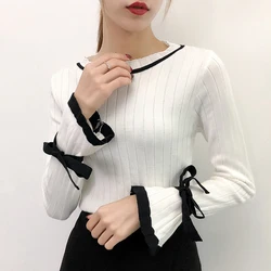 Shintimes Bow Sweater Women Flare Sleeve Womens Winter Fashion 2019 Ruffled Collar Woman Sweater Pullovers Korean Sueter Mujer Shintimes Bow Sweater Women Flare Sleeve Womens Winter Fashion 2019 Ruffled Collar Woman Sweater Pullovers Korean Sueter Mujer