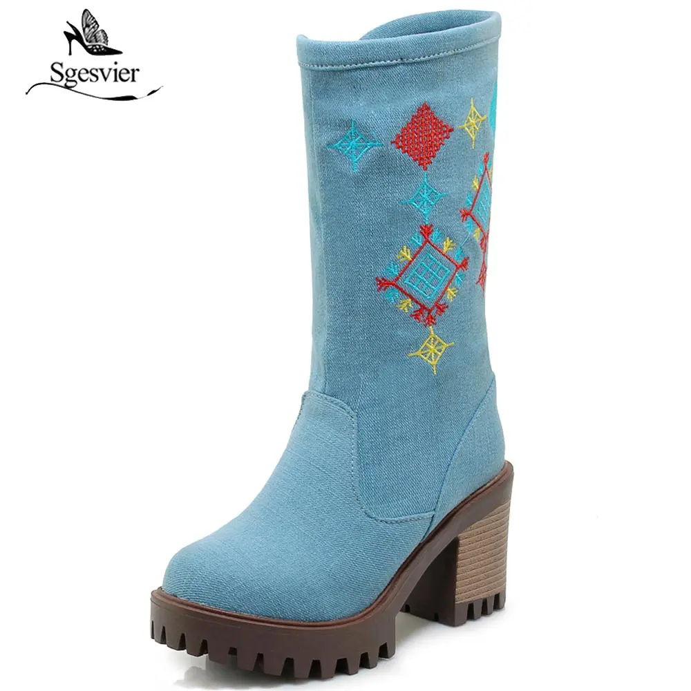 Sgesvier Womens Denim Jeans Zipper Mid Calf Boots Embroidery Casual Shoes Block Heel Oxfords