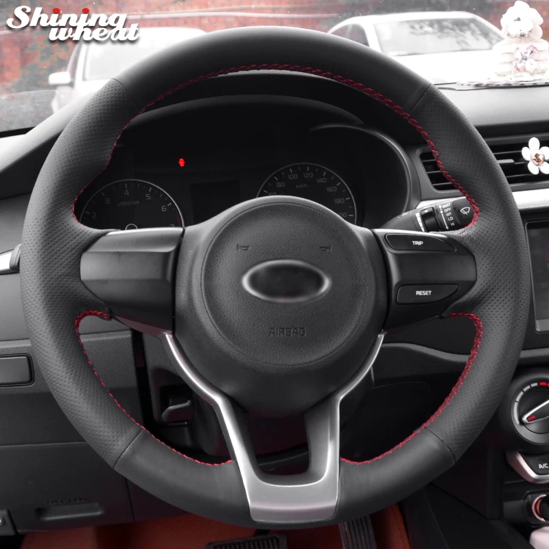 Shining wheat Black Genuine Leather Car Steering Wheel Cover for Kia Rio K2 Picanto 2017 2018