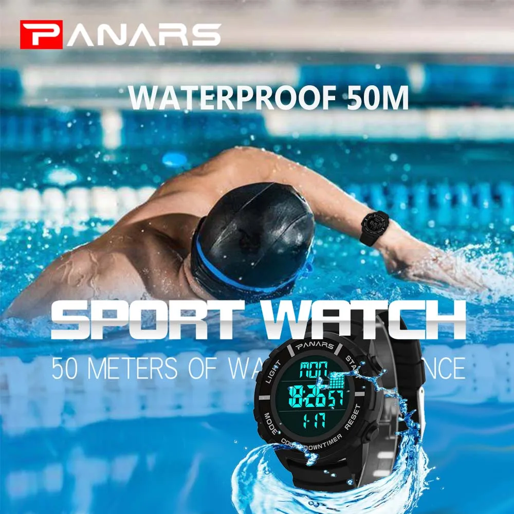 Panars LED ساعة رقمية الرجال الرياضة ساعة عداد خطى للماء 50 M الأزياء كرونوس العد التنازلي العسكرية ساعة Relogio الرقمية جديد