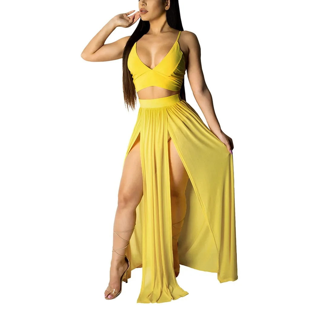 

Women Summer Long Maxi Dresses Two Piece Set Sexy 2019 Hollow Out Crop Top Skirts Floral Print 2 Piece skirt set #424