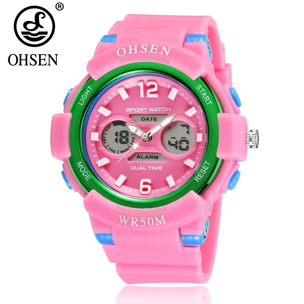 

Top OHSEN Fashion Pink Plastic Digital Women Girl Wristwatch zegarek damski Alarm Day LCD 50M Waterproof Swim Ladies Watch