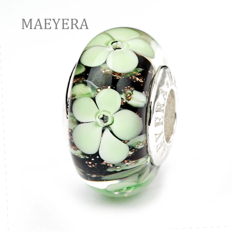 

MAEYERA Authentic 925 Sterling Silver Black Bottom Gold Sand Flower Bead Murano Glass Beads Fit European Charm Bracelet 920185
