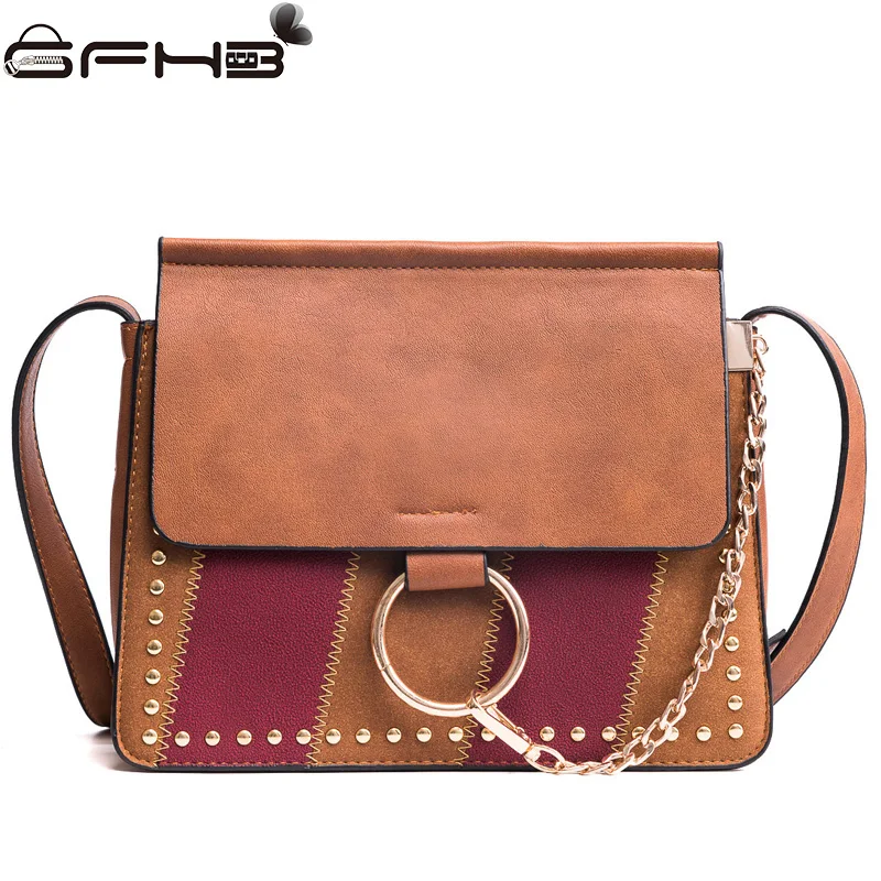 

Fashion Women Handbag Rivet Ring Design Messenger Bags Fake Designer Handbags 2017 European American Style Pu Panelled Faye Bag