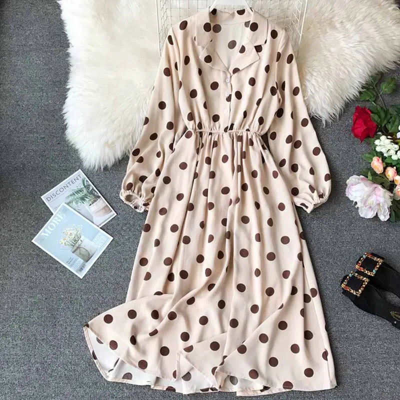 

2019 Spring New Women Vintage A-line Dot Chiffon Dresses Pockets Knee-length Long Sleeve Notched Elastic Waist Dress Vestidos