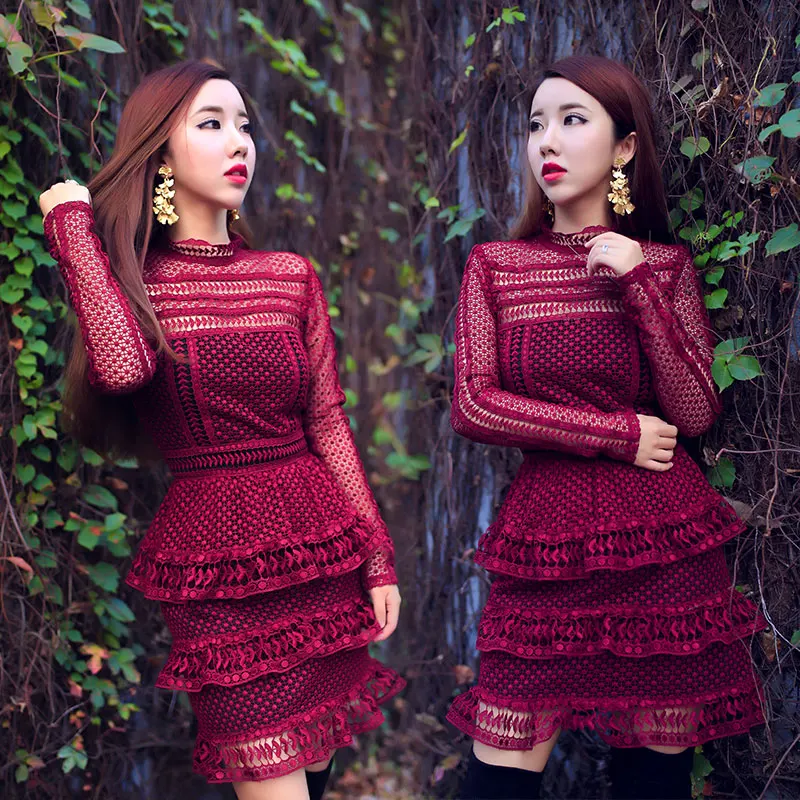 Red Black Turtleneck Lace Cutout Ruffle Dress