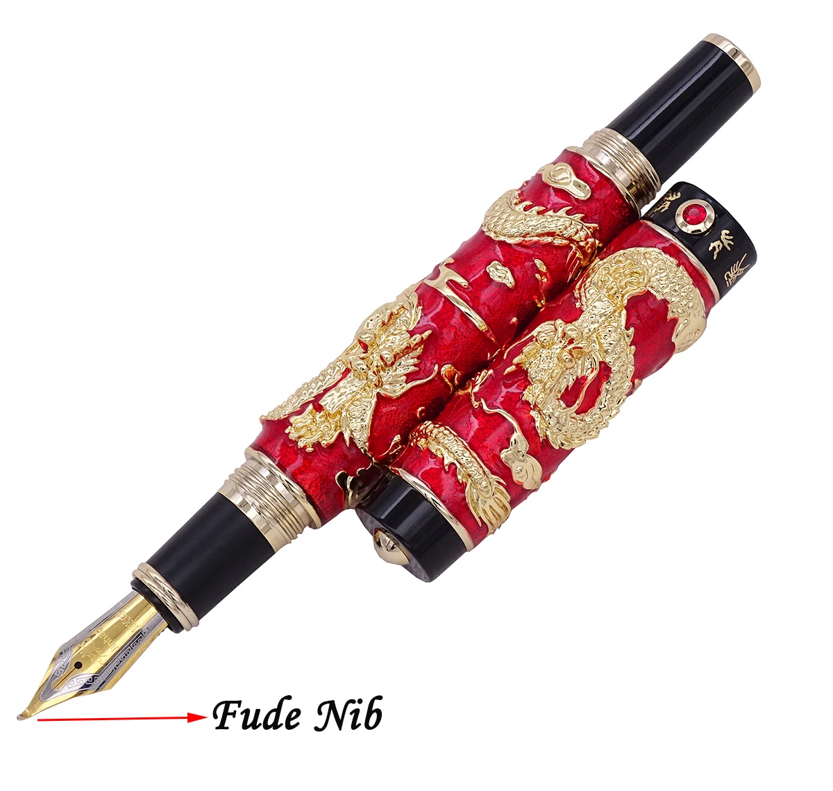 Jinhao Red Cloisonne Double Dragon Calligraphy Fountain Pen Fude Bent Nib Advanced Craft Writing Gift Pen for Business Office