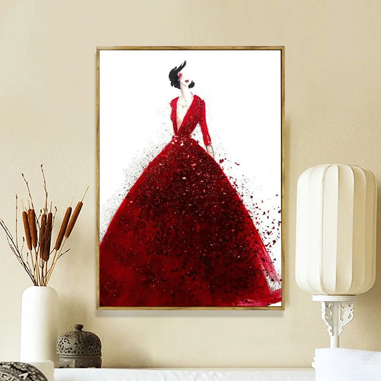 red dress girl diamond painting cross stitch 2