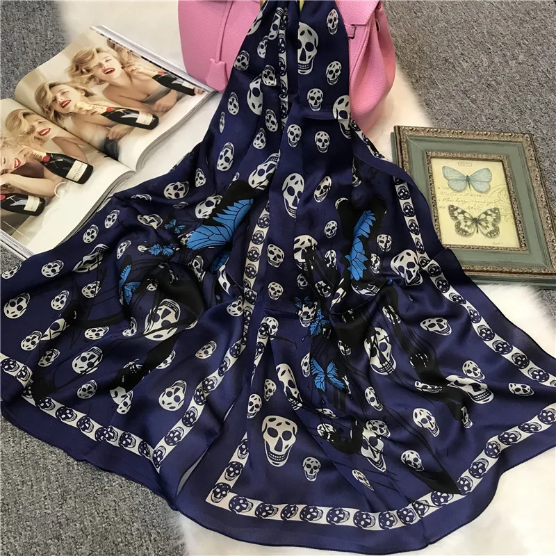 

Skull Butterfly Design Lady 100% Natural Silk Scarf Beach Long Shawl Hijab Multi use Scarves Women Neck Wear Drop Shipping KL5