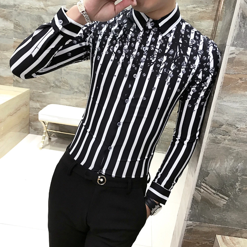 Moda 2019 hombres camisa de manga larga de alta calidad a rayas camisa hombres Impresión Digital Camisas Casual para hombre Slim Fit Prom smoking 3XL M caliente|Camisas informales| AliExpress