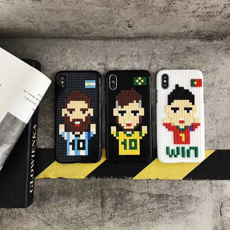 

DIY legos case hard pc phone cases for iPhone 7 8 Plus X XS football case for iphone 6 6s Xiaomi Huawei Messi Neymar Cristiano