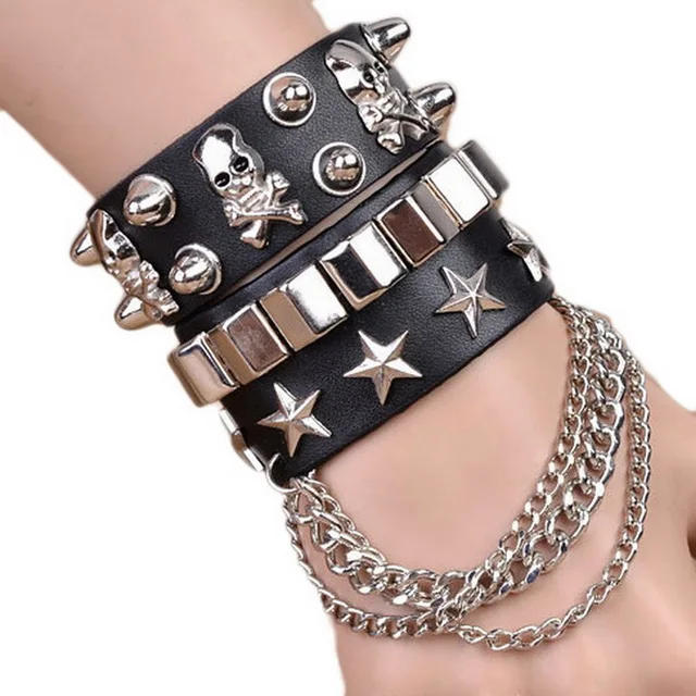 Punk Style Gothic Women Men Bracelet Rock Steam PU Leather Skull Spike