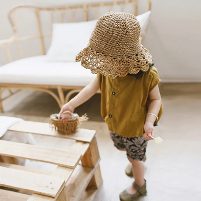 Children Fashion Summer Handmade Foldable Strawhat Sun Hat Large Along Vintage Handmade Crochet Straw Braid Sun-Shading Hat