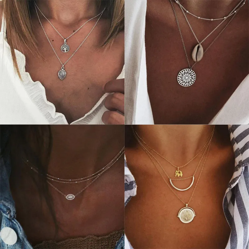 

Fashion Long Pendant Necklaces For Women Vintage Gold Color Shell Choker Multi layer Necklace Statement Jewelry 2019 Wholesale