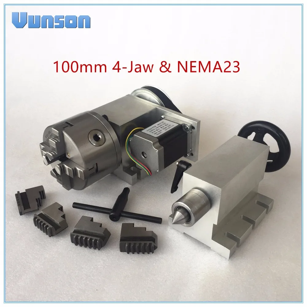 

CNC 4th Axis 100mm 4-Jaw Chuck NEMA23 Motor Rotary Axis Dividing Head+Live Center Tailstock Kits for Woodworking CNC3040 Router