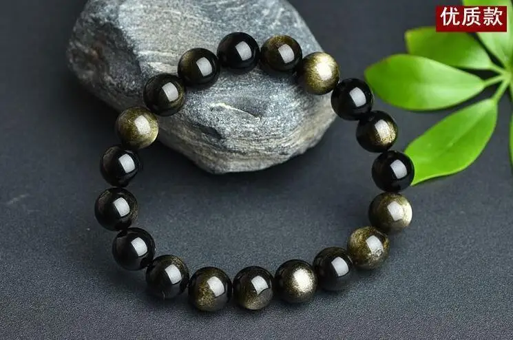

free shipping unique Natural Gold Obsidian Round Beads Stretch Bracelet 12mm