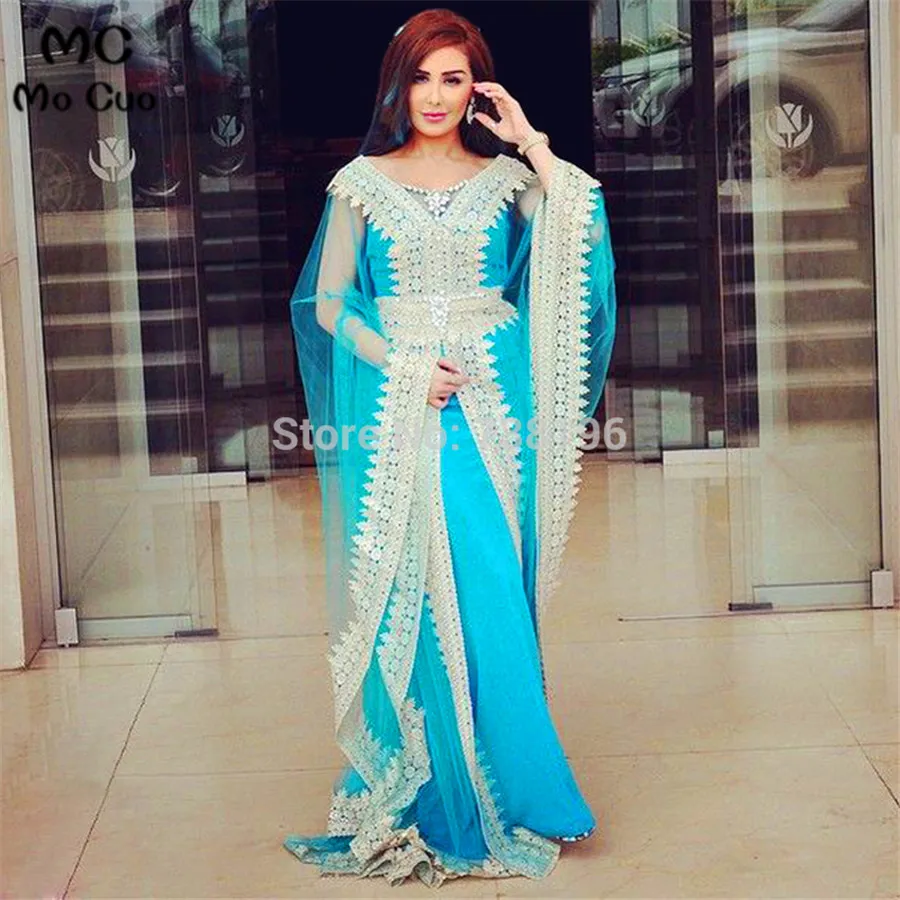 Robe de soiree 2016 Aso Ebi Style Abaya Dubai Kaftans Caftan Full sleeve Appliques Tulle Blue Evening dress for women54