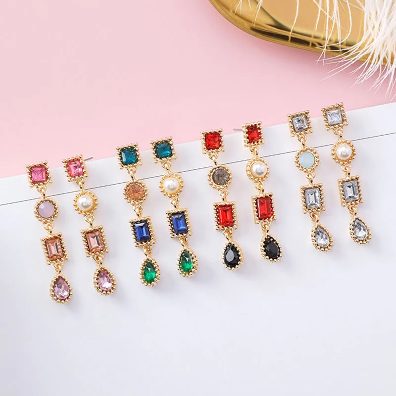 

1 Pairs New Fashion Asymmetrical Luxury Multicolor Rhinestone Charm Pearl Long Earrings Jewelry Will Bring You Good Luck