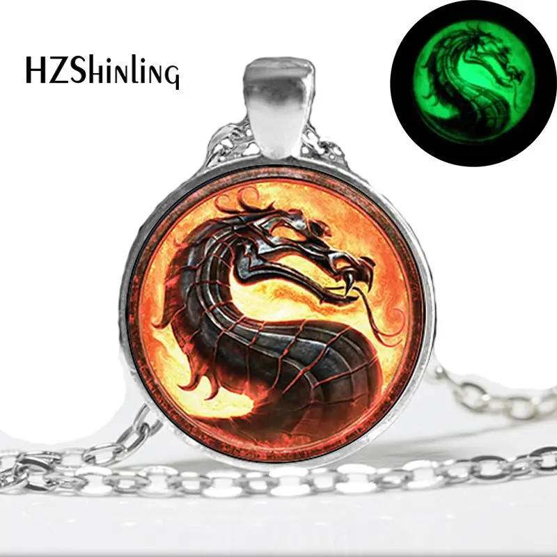 

Glow in The Dark Dragon Necklace Mortal Kombat Pendant Glass Photo Jewelry Glowing Necklace Pendant