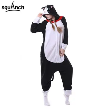 

Black Cat Kigurumis Animal Onesie Red White DJ Kitty Pajama Women Girl Sleeping Suit Good Quality Polar Fleece Festival Fancy