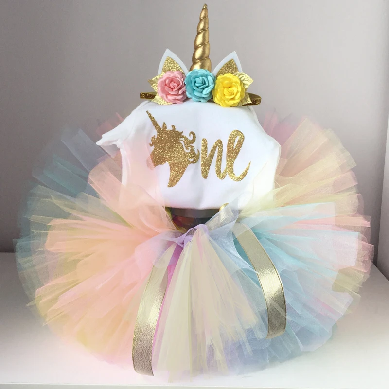 Нарядное платье для новорожденных девочек 1 год на день рождения праздничная одежда с единорогом Детские платья для девочек с юбкой-пачкой радужной расцветки