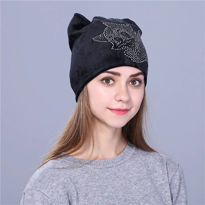 Милые осенние фланелевые шапочки Xthree с рисунком котенка из Рейн камня женские