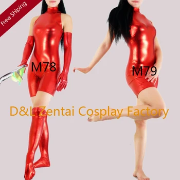 

Free Shipping DHL Sexy Fancy Dress Women Unitard Red Shiny Metallic Spandex Catsuits for Woman with Gloves and Socks