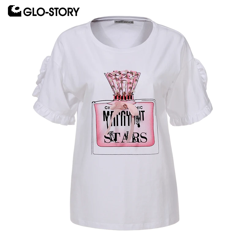 

GLO-STORY Fast Shipping 2019 New Women Modis Beading Bow Perfume Print Summer T-Shirts Tops Female Ruffle Cuff Shirts WPO-8145