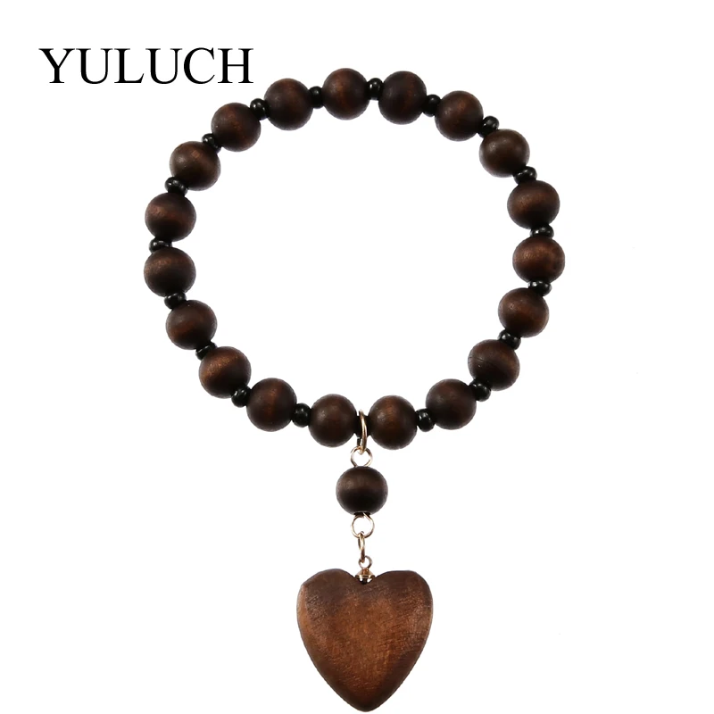 

YULUCH Round Natural Wood Bracelet Black Beads Bracelets lady Bead Bracelet Sweet Heart Women Wooden Yoga Jewelry