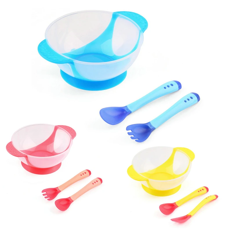 

Baby Bowl Slip-resistant Tableware Set Infants feeding Bowl With Sucker and Temperature Sensing Spoon For Kids Dinnerware 1Set