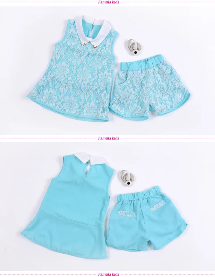 4-13Y Fashion Girls Clothes Set 2018 Summer Lace Flower Kids Outfit Girl Sleeveless Top Shorts Belt 3Pcs Suits Children Clothing (24)