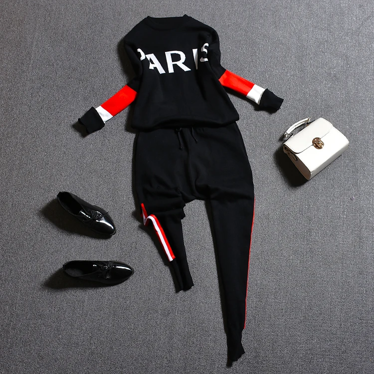 

Oshangchaopin Women O-Neck Striped Letter Contrast Color Fashion Casual Knitting Sweater+Haroun Pants Tracksuits Clothing Suit