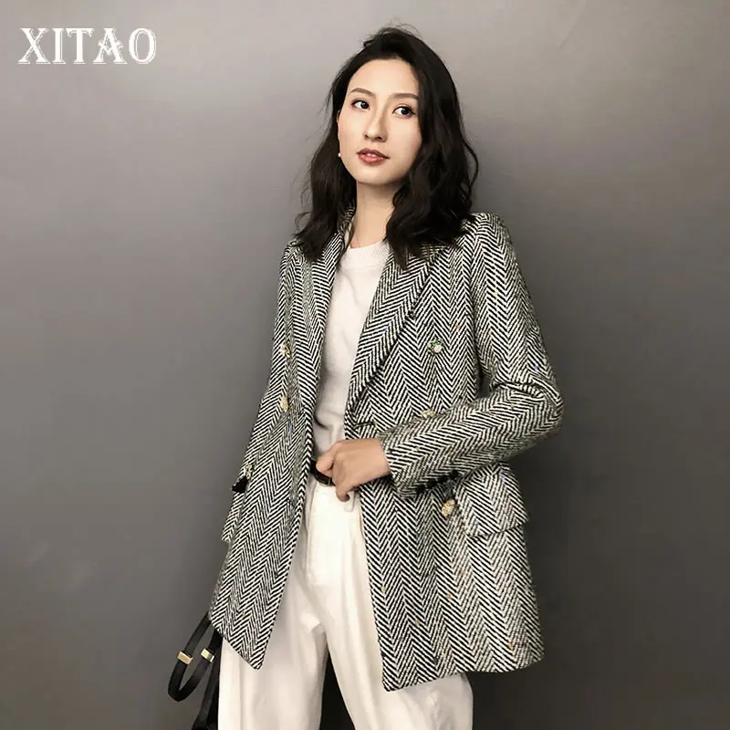

[XITAO] Women Drill Buckle To Waist Fashion New Notched Full Sleeve Long Double Breasted Long Striped Pocket Jacket Coat DLL2150