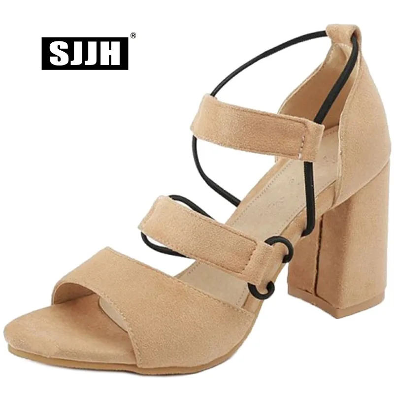 

SJJH Woman Flock Sandals with Peep Toe 8cm High Chunky Heels Gladiator Footwear Fashion Elegant Formal Shoes Large Size A374