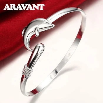 

925 Jewelry Playful Dolphin Lock Buckle Bangle For Women Wedding Fashion Silver Plated Jewelry Gifts