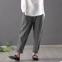 SCHMICKER Мода 2019 г. длинные широкие брюки для женщин Повседневное Ретро эластичный пояс Проверьте клетчатый, хлопчатобумажный работы репа Pantalon