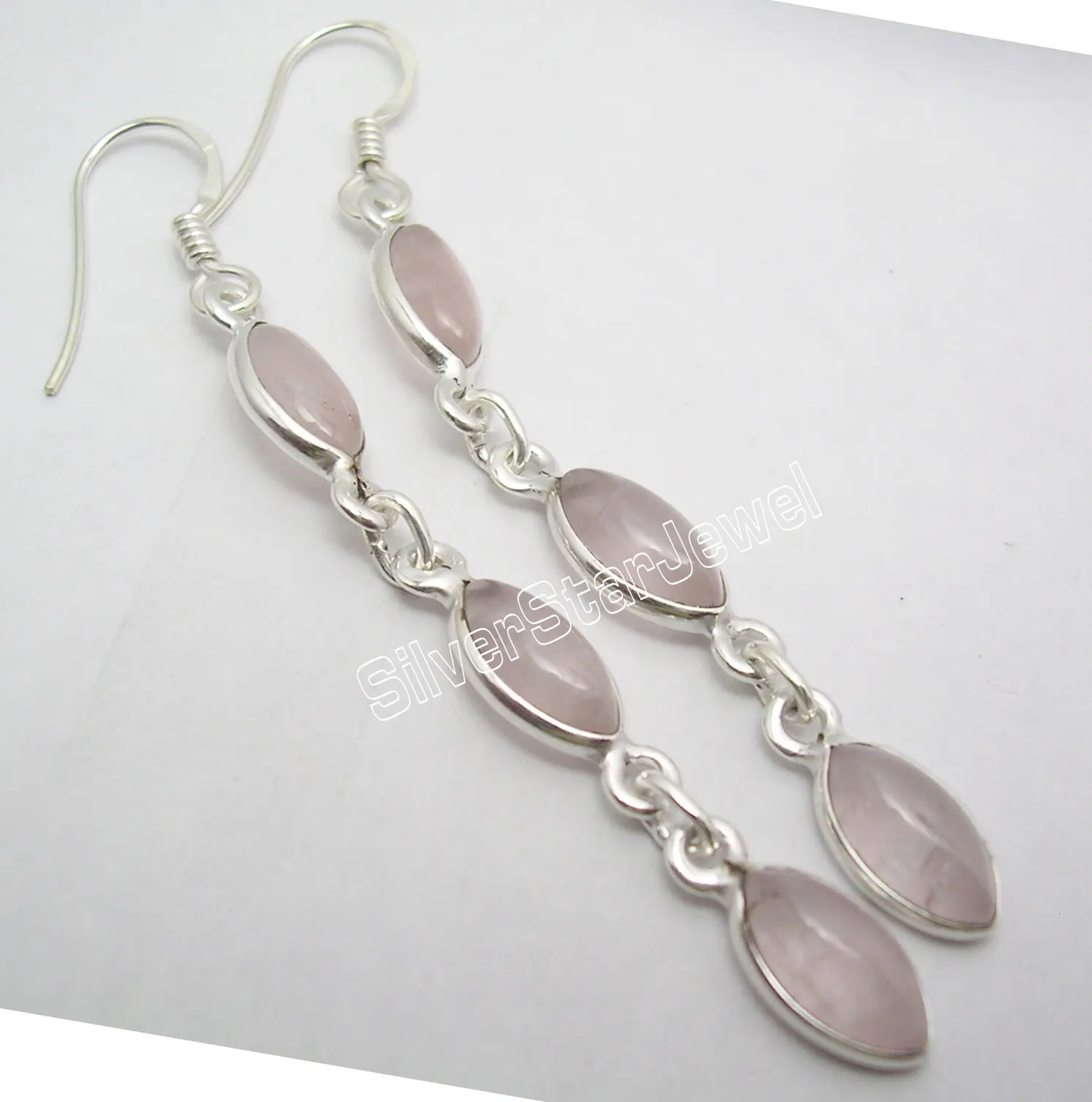 

Chanti International Solid Silver PINK ROSE Quarts 3 Gem WOMEN'S LONG Dangle Earrings 6.3CM