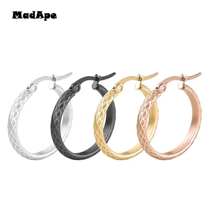 

MadApe 2019 New Anti-Allergic Titanium Stainless Steel Hoop Earrings Reticulate Rhombus Hoops Earrings For Women & Men Jewelry