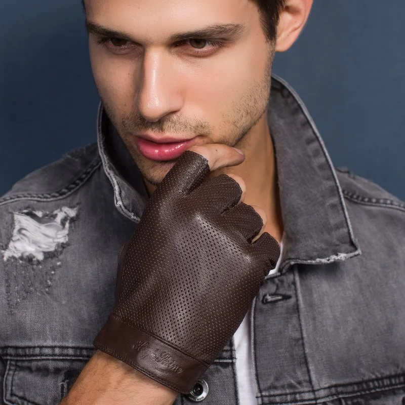

HIGHSHINE Spring Men's Genuine Leather Gloves Driving Unlined 100% Fingerless Gloves