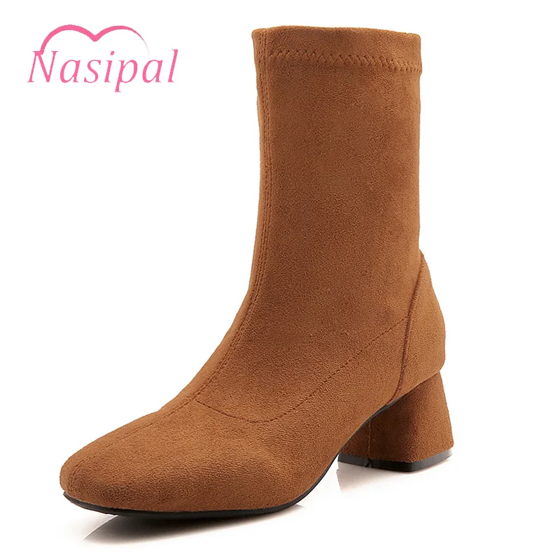 

Nasipal 2018 Autumn Flock Socks Boots Women Square Toe Large Size Footwear Fashion Sock Boots High Heels Mid Calf Female Shoes