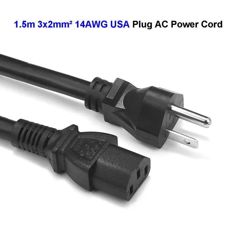 US Power Cable Type B USA Plug IEC C13 Power Extension Lead Cord 1.5m