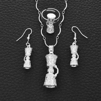 

Anniyo Papua New Guinea Drum Pendant & Necklaces/Earrings/Resizable Ring,Silver Color PNG Style Kundu Jewelry sets #106106B