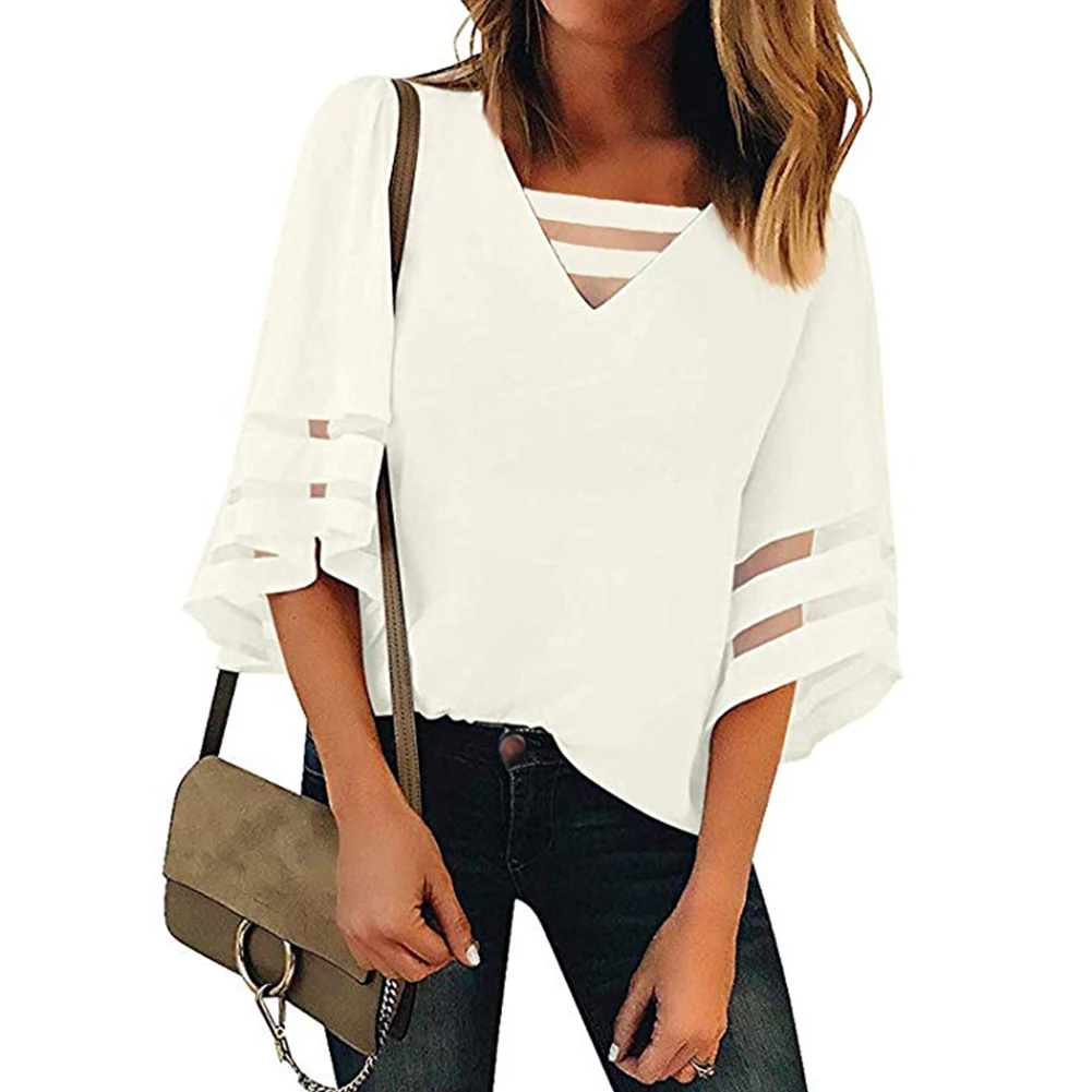 

Pullover Bell Sleeve Mesh Loose Tops Women Blouse Solid Casual Fashion Strappy Patchwork Office V Neck Summer