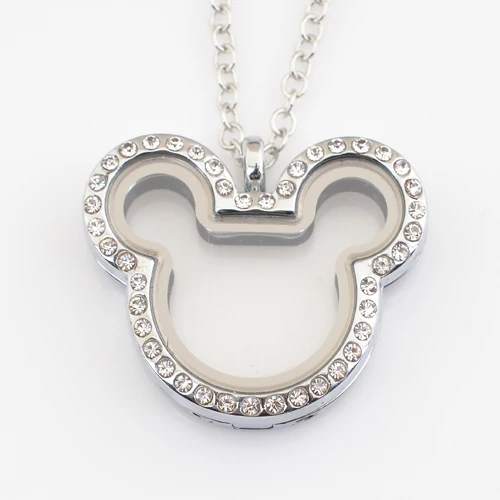 

High polished magnetic floating lockets, cute Mouse head lockets with stones FN0040(chains included for free)