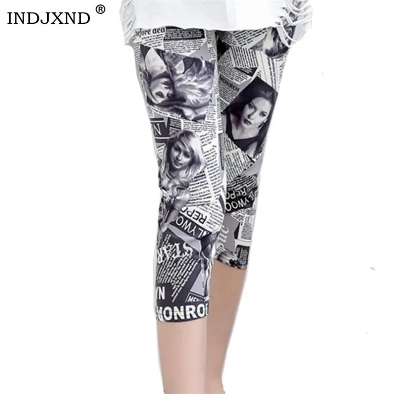 

INDJXND Summer Print Seven Leggings Women Pencil Pants Casual Elastic Waist Letter Stripe Short Legging Plaid Female Leggins